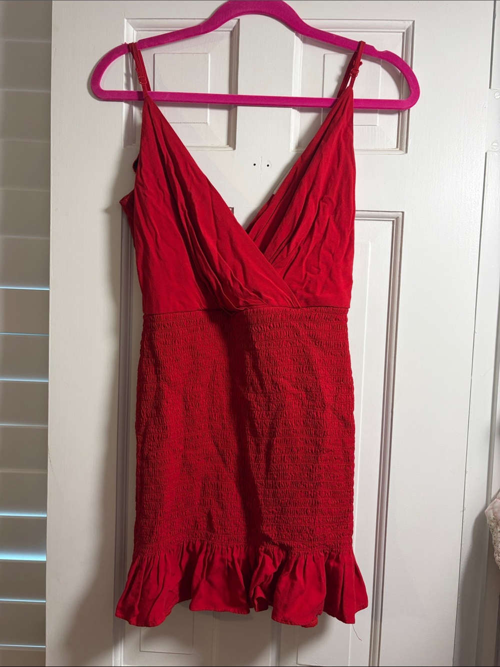 Red Smocked V-Neck Mini Dress with Ruffle Hem